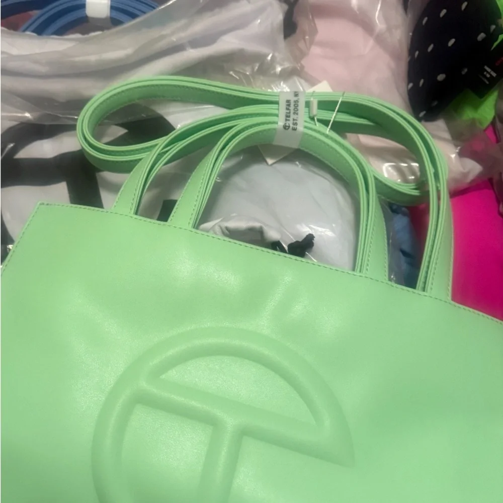 NEW Telfar Neon Green Shopping TOTE MEDIUM dust bag ALL NEW green pink & Blue - Picture 5 of 9